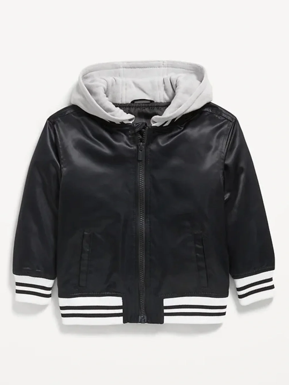 Old Navy Black Jacket with White Hood and Striped Collar